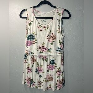 Bearsland Cream Floral Double-Layer Sleeveless Tank with Pink & Green Blooms